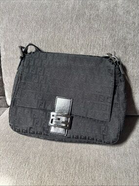 Fendi Black Mamma Baguette FF Jacquard Shoulder Bag with Silver Buckle
